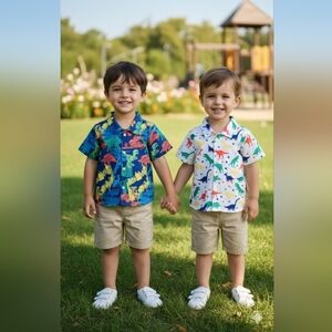 Kids Dinosaur Print Button Down Shirts - Blue and White *Bundle*